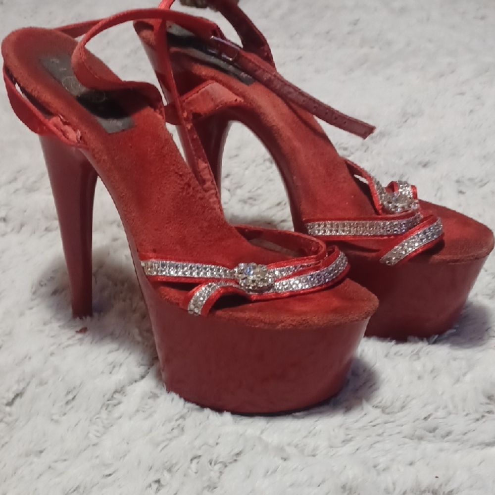 Pleaser Red Suede And Satin With Rhinestone Bling Platform Stiletto Heels Size 8